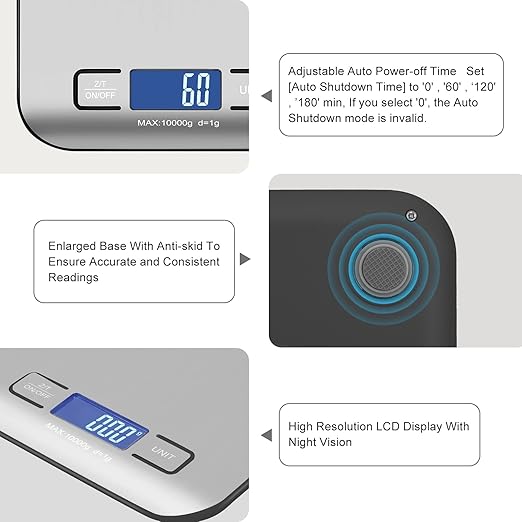 Digital Shipping Scale,Stainless Steel Panel, Accurate 10kg/1g Portable Postal Scale for Packages, Small Business,Kitchen, Food, Handmade, Liquids, and Boutique (Silver Black)