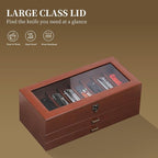 AUTOARK 3-Tier PU Leather & Velvet Knife Organizer with 26 Slots,Transparent Glass Top & Drawer,Compact Storage for Pocket Knives,Ideal for Men's Collections & Gifts,Coffee,MKAW013