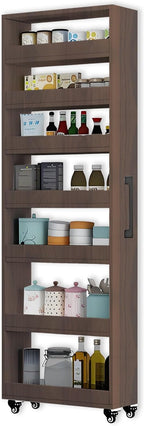 7-Tier Slim Storage Cart, Wooden Rolling Pantry Cabinet with Wheels, Narrow Shelf Organizer for Kitchen, Bakers Rack, Dining Room, Closet, Small Spaces Teak 73.2''H*5.9''W*23.6''D