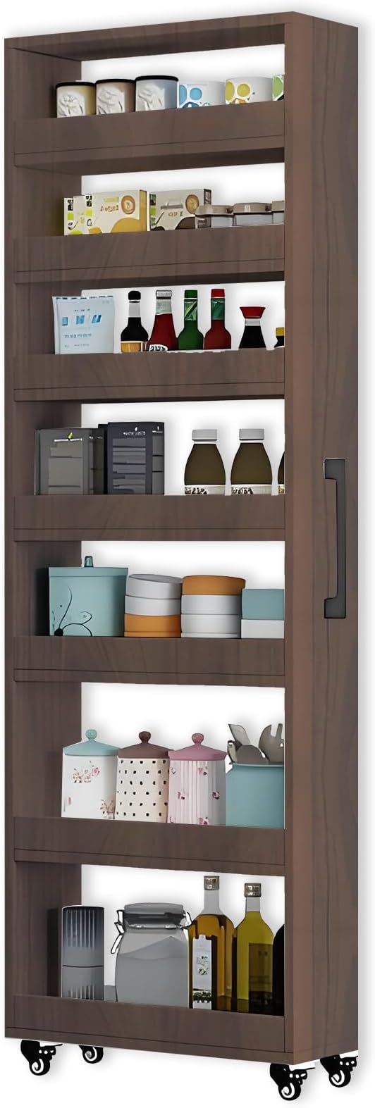 7-Tier Slim Storage Cart, Wooden Rolling Pantry Cabinet with Wheels, Narrow Shelf Organizer for Kitchen, Bakers Rack, Dining Room, Closet, Small Spaces Teak 47.2" H*9.8" W*23.6" D