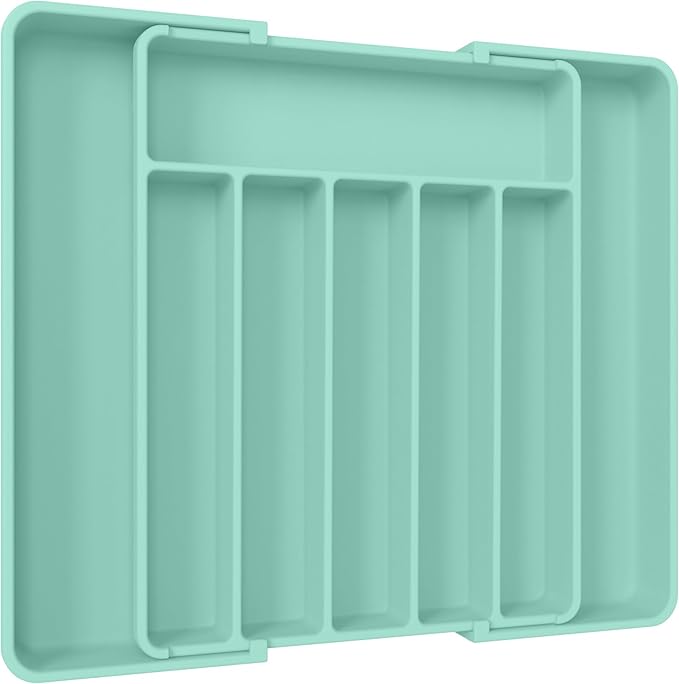 Aujen Silverware Organizer - Expandable Kitchen Drawer Organizer, Adjustable Utensil Organizer, Cutlery Tray for Forks, Knives, Multipurpose Kitchen Organizers and Storage Solution, Green, Large