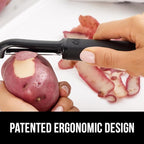 GORILLA GRIP Patented BPA-Free Sharp Stainless Steel Dual Swivel Vegetable Peeler, Soft Comfortable Handle, Smoothly Peel Apples Potatoes Carrots, Includes Blade Cover, Holiday Prep Essentials, Black