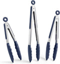 Doosu Kitchen Tongs for Cooking - 600°F Heat Resistant Food Tong Set with Non-Scratch Silicone Tips, Heavy Duty Stainless Steel Locking Tong for BBQ, Grilling Steak, Serving (7+9+12in, Navy Blue)