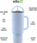 Ello Port 40oz Tumbler with Carry Loop & Integrated Handle, Vacuum Insulated Stainless Steel Reusable Water Bottle, Travel Mug with Leak Proof Lid & Straw for Iced Coffee & Tea, Halogen Blue