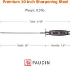 PAUDIN 10 Inch Honing Steel, Knife Sharpening Steel, Professional Carbon Steel Knife Sharpener Rod for Kitchen Knives