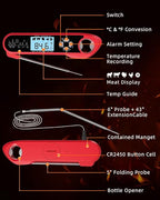 Brigii Meat Thermometer, Instant Read Digital Thermometer-Waterproof/Backlight, 43in Extended Probe and Folding Probe, Oven-Safe Design, Kitchen Food Thermometer for Deep Fry, Grilling, BBQ