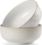 getstar Large Serving Bowls (8 inch & 60 fl oz), Ceramic Salad Bowl Set of 2, Microwave and Dishwasher Safe, Farmhouse Kitchen Decorative Bowls Set (Embossed Stripes & Stars)