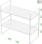 Expandable Cabinet Storage Shelf Stackable Organizer Rack for Kitchen Bathroom Pantry Spice Cupboard Coffee Countertop Home Office Desk Heavy Duty Nonslip White Large 2 Packs