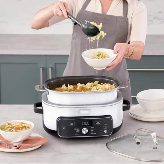 New 2025 Ninja Foodi Possible Cooker PRO Plus 11-in-1 Multi-Cooker, Slow Cooker, 8.5-Qt Smart Cook System with Thermometer and 1400W High-Heat Searing Base, White