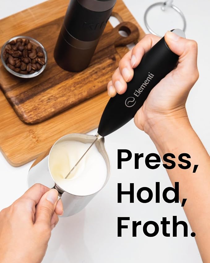 Elementi Electric Milk Frother Handheld - Make Creamy Lattes, Delicious Cappuccinos and Perfect Drinks - Compact Mixer & Coffee Stirrer with Whisk - White