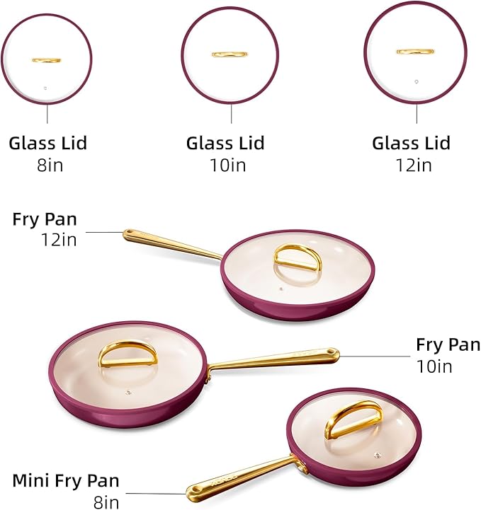 ROYDX Titanium Ceramic Nonstick Fry Pan Set 8", 10" and 12" Frying Pan Skillet Set with Glass Lids-Non Toxic, PTFE & PFOA Free - Oven Dishwasher Safe & Compatible with All Stovetops-Dark Purple