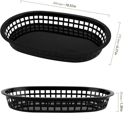 30 Pack 10.5x6.7x1.3 Inch Black Plastic Fast Food Baskets, Restaurant Serving Baskets, Flat Oval Fast Food Serving Basket for Picnic, Deli Serving, Chicken, Burgers and Fries