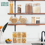 Urban Green Glass Jars with Bamboo Lids, Square Glass Jar with airtight lids, 6 pack of 28oz, Food Storage Containers with bamboo lids, Panty Jars