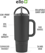 Ello Port 40oz Tumbler with Carry Loop & Integrated Handle, Vacuum Insulated Stainless Steel Reusable Water Bottle, Travel Mug with Leak Proof Lid and Straw, Perfect for Iced Coffee and Tea, Black