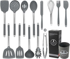 Silicone Kitchen Tools - Non - Stick, Anti - Slip, High - Temperature Resistant, Scald - Proof 14 - Piece Set with Stainless Steel Tube Handles & a Storage Bucket (Red)