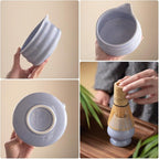 Matcha Whisk Set - Ceramic Bowl, Bamboo Whisk with Holder, Storage Canister, Sifter, Schima Spoon with Rest, Tea Towel - 8 Pcs Complete Kit for Traditional Matcha and Modern Lattes (Purple)