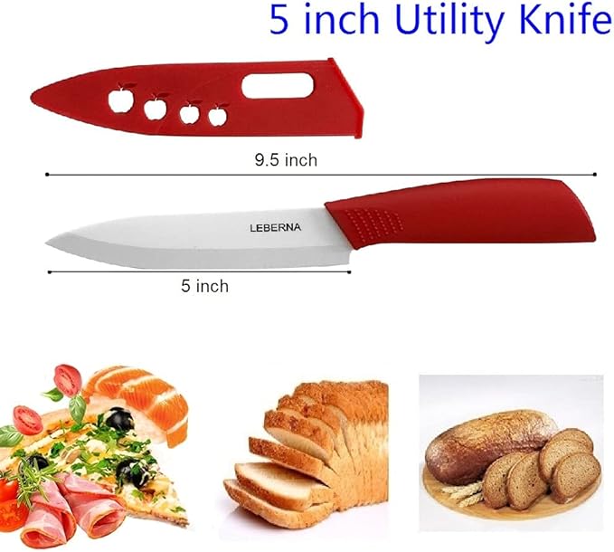 Ceramic Knife Set Knives Set for Kitchen Ceramic Kitchen Knives Colored w Sheath 6" Bread Knife 6" Chef Knife 5" Utility Knife 4" Fruit Knife 3" Paring Knife 1 Peeler Colorful Rust Free Proof