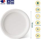 JOLLY CHEF Compostable Heavy Duty Plates 𝟭𝟬 𝗜𝗻𝗰𝗵 [𝟯𝟬𝟬 𝗣𝗮𝗰𝗸] Eco-Friendly Disposable White Paper Plates Made of Bagasse Biodegradable Bulk for Party Dinner Sugarcane Thanksgiving Day