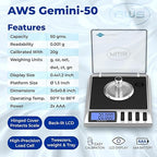 AWS Gemini-50 Milligram Scale 50g x 0.001g – Digital Jewelry/Lab Scale for Powder, Gold, Gems – Includes Calibration Weights, Tweezers & Tray – Tare, Cal, 6 Units, Pocket Size Mg Scale (Black)