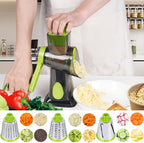 Rotary Cheese Grater with 3 Stainless Steel Blades, Hand Crank Vegetable Slicer, Suction Base, Green
