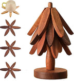Natural Wood Tree Trivet Set, 𝐍atural Tree Trivet Set - 4 Wooden Trivets,4 Wooden 𝐓rivets & 1 Stand Like a Christmas Trees,for Hot Dish,Pot,Bowl,Teapot,Hot Pot Sets (Walnut Finish 3 Trivets,2set)