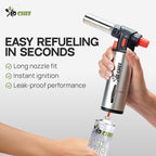 Jo Chef Kitchen Torch with Butane Included – Refillable butane torch Lighter with Safety Lock & Adjustable Flame, Culinary Blow Torch for Cooking, Creme Brulee and Soldering 2 Cans (3.38oz) Included