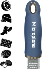 Microplane Premium Zester Grater in Denim Blue | Lemon Zester tool, Hard Cheese & Vegetable Grater | For Citrus, Parmesan Cheese, Garlic, Ginger, Nutmeg | Fine Stainless Steel Blade, Made in USA