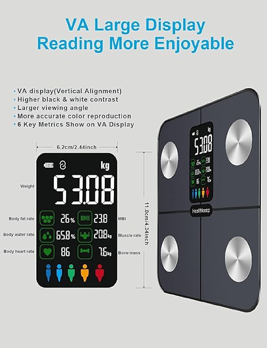 Digital Bluetooth Body Fat Scale – Ultra‑Precise Smart Bathroom Weight Scale with 15 Body Composition Metrics, Large Backlit Display, App Sync (Fitdays, Apple Health, Google Fit) & Multi‑User Profiles