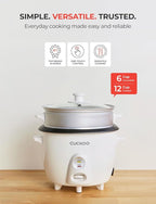 CUCKOO One Touch Rice Cooker 12-Cup Cooked, Small Rice Cooker & Warmer with Steamer Tray, Versatile Grain Cooker, Soup Maker, Auto Keep Warm, 6-Cup Uncooked, White (CR-0601C)
