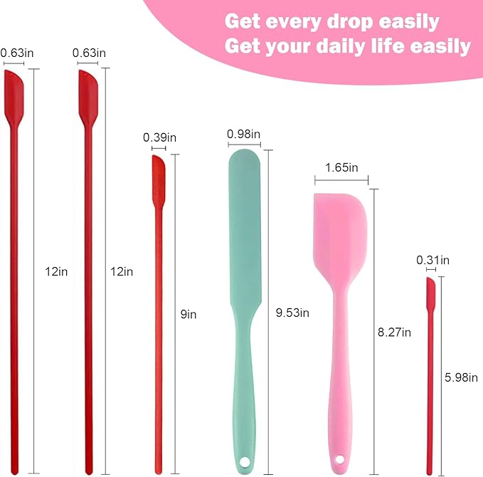 Mini Silicone Spatula Set 6 PCS Food Grade Small Jar Spatula with Long Handle Makeup Spatula Tool Heat Resistant Kitchen Utensils for Baking Cooking Mixing Tiny Scraper