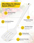 Pack of 2 Silicone Spatula Turners, Non Stick Slotted Kitchen Spatula Set, Heat Resistant BPA Free Kitchen Utensils, One-Piece Design, Suitable for Flipping Fish, Eggs, Steak, Pancakes (WHITE)