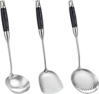 FJNATINH Wok Spatulas Soup Ladle Skimmer Ladle Set, Stainless Steel Wok Tools with Wooden Handle Wok Accessories Sets Cooking Utensils,3 PCS