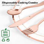 FOCUSLINE 300 Pack Disposable Rose Gold Plastic Forks, Solid and Durable Plastic Cutlery Forks, Heavy Duty Disposable Utensil Silverware for Catering, Parties, Dinners, Weddings