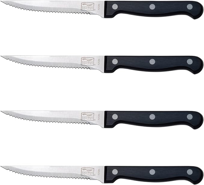 Chicago Cutlery Essentials 4-Piece Serrated Steak Knives, 4.5" Stainless Steel Blades for Effortless Cutting, For Home Kitchen and Professional Use
