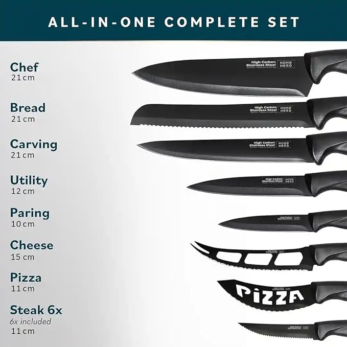 Home Hero Kitchen Knife Set - High Carbon Stainless Steel Blades & Built-In Sharpener - Ergonomic Handles & Cutlery Block Storage - Precision Cooking Prep with Chef Knife - 20 Pc, Black
