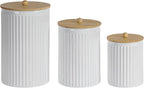 Kitchen Canister Set of 3 Tea Coffee Sugar Containers with Airtight Bamboo Lids Food Flour Storage for Countertop Metal White Vertical Stripe Pattern Embossed Farmhouse Decor