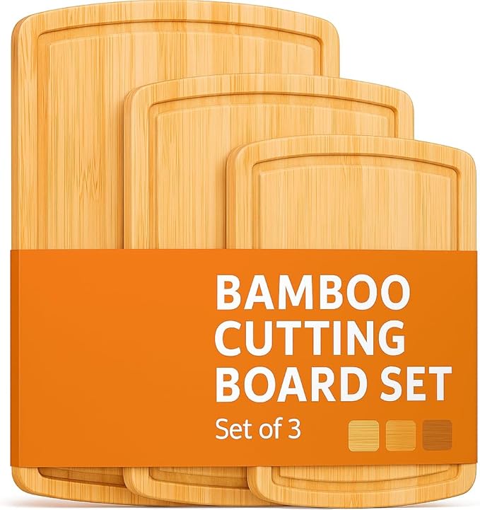 Bambüsi Wood Cutting Boards for Kitchen - Bamboo Cutting Board Set with Deep Juice Groove & Side Handles - Chopping Board Butcher Block for Meat, Vegetables, Charcuterie, Cheese, Serving, or Meal Prep