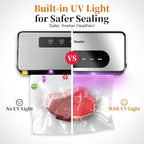 Vacuum Sealer Machine with UV-C Light, Includes Mason Jar Sealer Kit and 2 Bag Rolls, Digital Display & Built-in Cutter, Fully Automatic Dry & Moist Modes, Compact for Food Storage and Sous Vide
