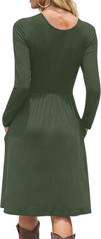 DB MOON Women Casual Long Sleeve Dresses Empire Waist Knee Length Loose Dress with Pockets