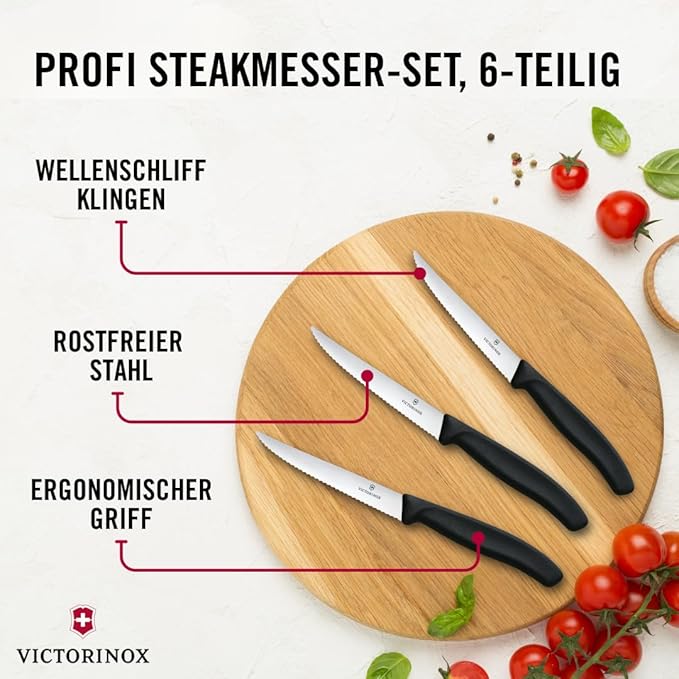 Victorinox 6.7233.6 Swiss Classic Steak Knife Set Ideal for Slicing a Wide Variety of Steak Cuts Serrated Blade in Black, Set of 6