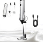 Rechargeable Milk Frother with Stand, 3 Speeds Drink Mixer Handheld with 2 Heads, Electric Frother Wand for Coffee, Latte, Cappuccino, Hot Chocolate, Matcha and Egg Mini Frother, Silver