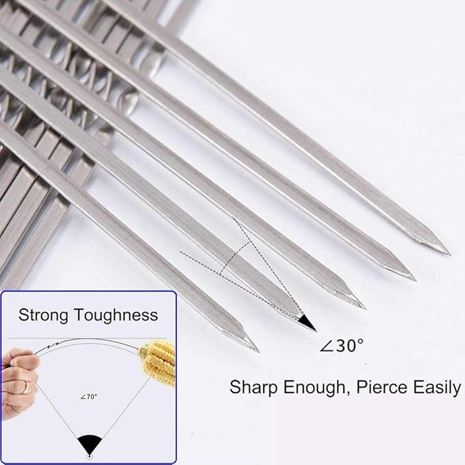 12PCS Kabob Skewers Flat Metal BBQ Barbecue Skewers 16" Long Hook Style Stainless Steel Shish Kebob Sticks Wide Sharp Reusable Grilling Skewers Set for Meat Shrimp Chicken Vegetable, 12 Pack