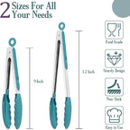 TeamFar Kitchen Tongs, 9" and 12" Stainless Steel Cooking Tongs with Silicone Tips for Cooking Grilling Serving & BBQ, Heat Resistant Silicone Tongs, Locking Design & Dishwasher Safe, Set of 2 & Blue