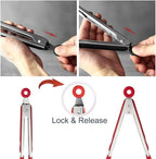 Cooking Tongs 9 inches and 12 inches Stainless Steel Kitchen Silicone Serving Tong Heat Resistant Meat Turner Spatula Tong Fish Tongs with Locking Handle Joint (Red)