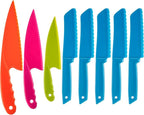JOVITEC 8 Pcs Kid Cooking Kitchen Knife Set, Plastic Serrated Edges Children's Safe Chef Nylon Knives for Cutting Fruit Bread Cake Salad Lettuce Kids Cooking Supply(Blue Square Knife)