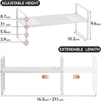 Expandable Cabinet Countertop Shelves 16.5-27’’L, Adjustable Metal Spice Rack Organizer, Stackable Kitchen Counter Storage Shelves Organizers for Cabinet Organization, White