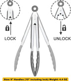 Locking Kitchen Tongs with Silicon Tips 9-Inch Stainless Steel Grilling Tongs, Set of 3 (Gray)