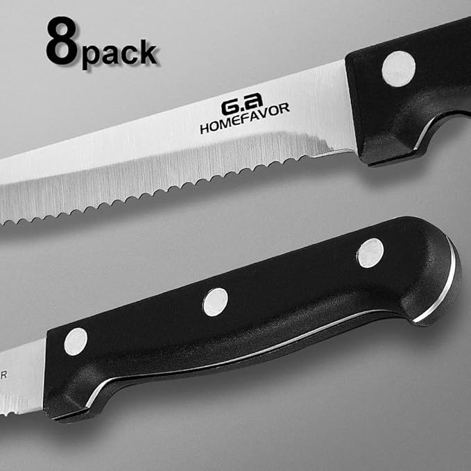 G.a HOMEFAVOR Steak Knife Set Stainless Steel, 8 Pieces Full Tang Sharp Serrated Knives Cutlery Set, Black