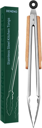 Beneno 12-Inch Food-Grade Stainless Steel Kitchen Tongs with Heat-Insulating Wooden Handle & Non-Slip Scalloped Tips, Heavy Duty Locking Food Tongs for Cooking, Grilling, BBQ and Serving