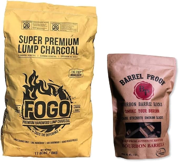 FOGO Super Premium Hardwood Lump Charcoal, Natural Large Sized Lump Charcoal, 17.6 Pound Bag and FOGO Barrel Proof Bourbon Barrel Blocks, 2 Pound Resealable Bag, Bundle